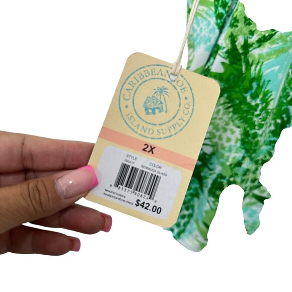 Caribbean Joe Womens 2X Green Leaf Print Top Shirt Cotton/Spandex Short Sleeve - Picture 5 of 12